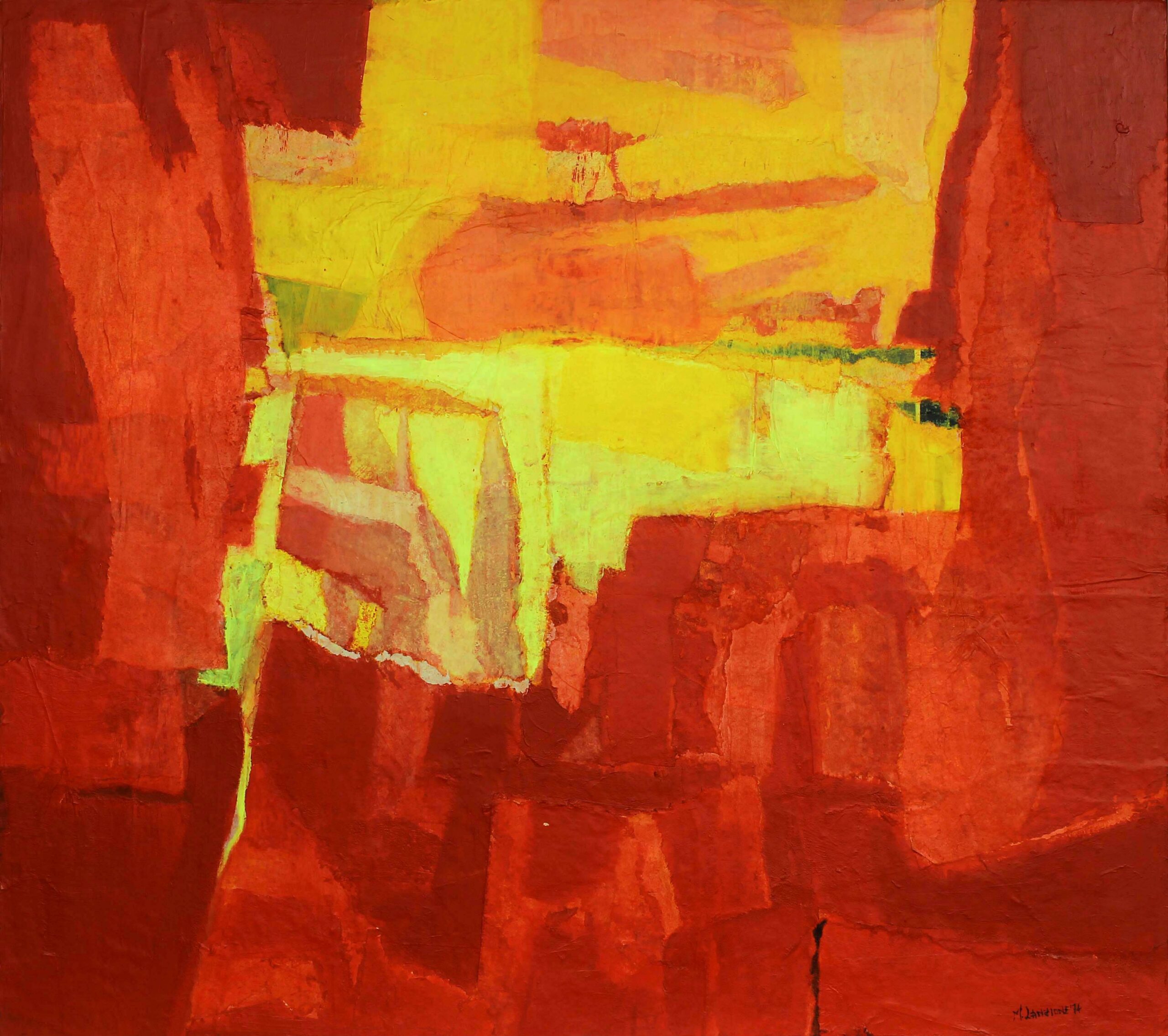 1974 - Collage e decollage rosso e giallo - acrilici su tavola 100x100 D)
