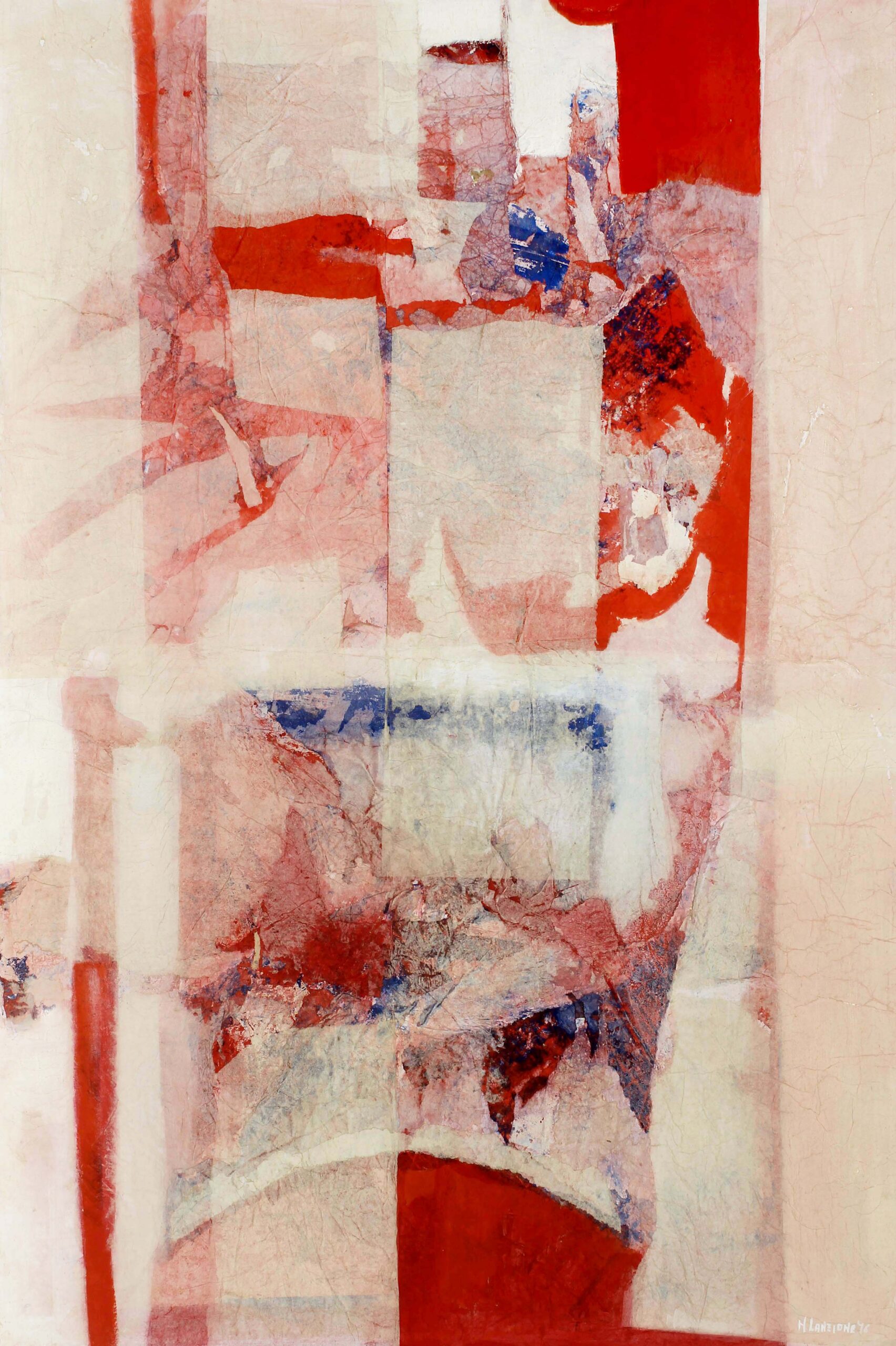 1976 - Decollage su fondo rosso - collage e acrilici su carta 150x100 D)